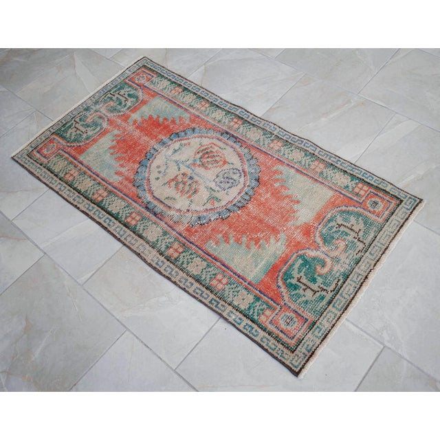Turkish Hand Knotted Small Rug Distressed Doormat Kitchen Entrtyway Deco - 2′4″ × 4′4″ For Sale - Image 13 of 16