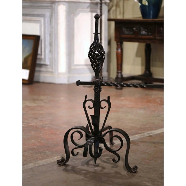 French Pair of Mid-19th Century French Gothic Wrought Iron Andirons With Crossbar For Sale - Image 3 of 10