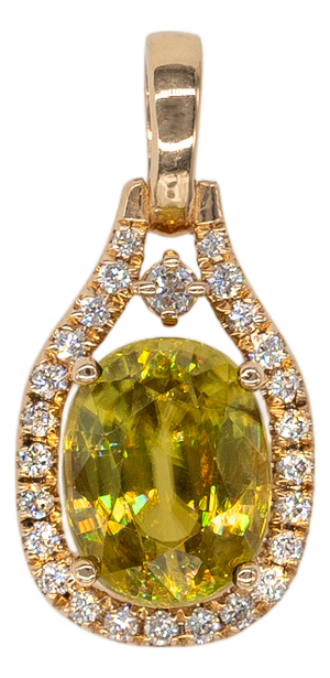 2.1Ct Sphene Pendant With Earth-Mined Diamond Accents in Solid 14k Gold, 8x6mm