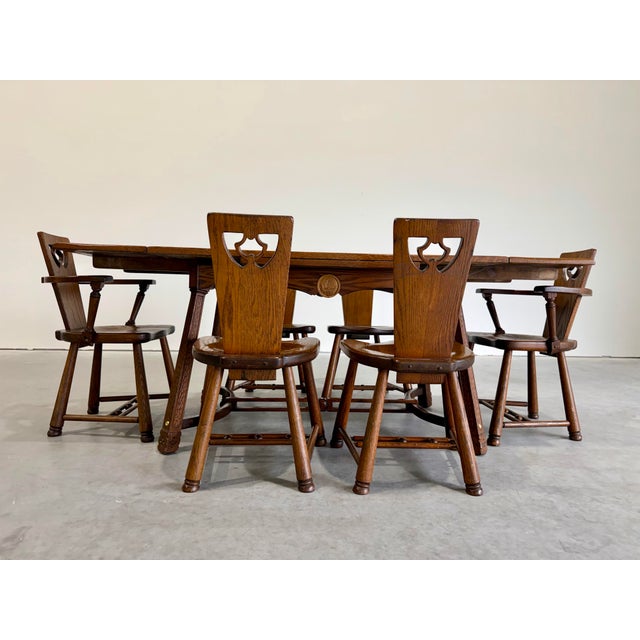 Mid-Century Modern 1930s Scandinavian Brutalist Oak Dining Set, Table and 6 Chairs For Sale - Image 3 of 12