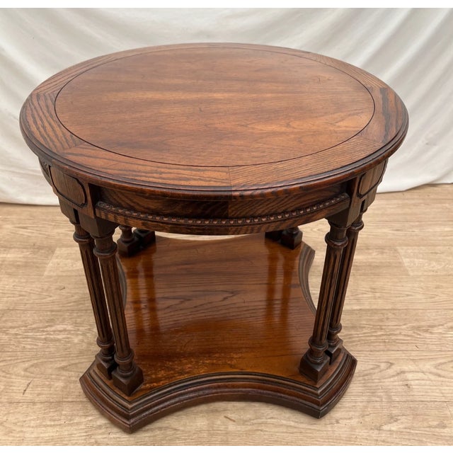 Vintage Round Side Table With Bottom Shelf Double Column Legs Solid Oak For Sale In Palm Springs - Image 6 of 12