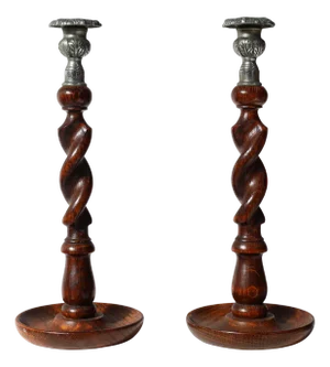 French Barley Twist Candlesticks in Wood with Silver-Plated Bobeches, 1850, Set of 2