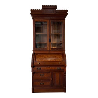 Antique Eastlake Victorian Carved Mahogany Secretary Bookcase With Burl Wood Roll-Top Desk For Sale