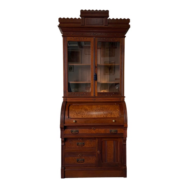Antique Eastlake Victorian Carved Mahogany Secretary Bookcase With Burl Wood Roll-Top Desk For Sale