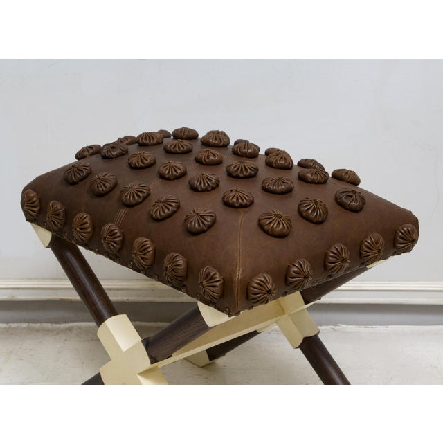 Bespoke Pair of Oak and Parchment X-Frame Benches Upholstered in Leather For Sale In New York - Image 6 of 8