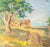 A 1946 oil on canvas landscape painting. The vibrant scene depicts a red building and large tree against a cloudy blue...