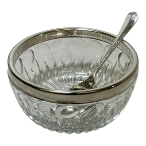 Vintage Italian Cut Glass Sugar Bowl With Silver Plate Rim & Spoon - Circa 1950