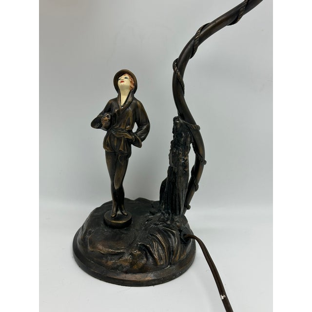 Bronze Early 20th Century Art Deco Desk Lamp, Bronze-Colored Metal With Art Glass Shade, Figure of Woman For Sale - Image 8 of 11