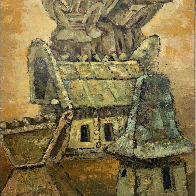 Monumental Japanese oil painting, attributed to Takahashi, dating to the 1980s. The composition is built around a group of...