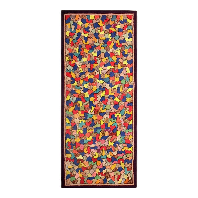 1930s Multicolored Abstract Folk Art Antique American Hooked Rug 2'10" X 6'6". Handknotted Wool Carpet For Sale