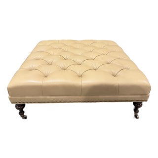 Hancock & Moore Plantation Tufted Tan Leather Ottoman For Sale