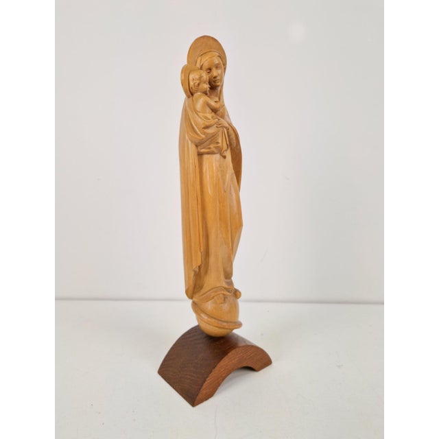 Hand-Carved Wooden Sculpture of Our Lady Mary with Child, 1930 For Sale - Image 4 of 9