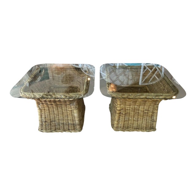 Vintage Wicker Works Braided Side End Tables New Glass Top -A Pair For Sale