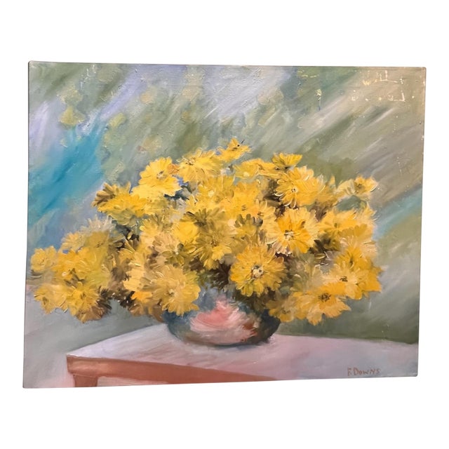 1980s Francis “Duke” Downs Palm Beach Yellow Chrysanthemum Floral Still Life Original Oil on Canvas, 30” For Sale