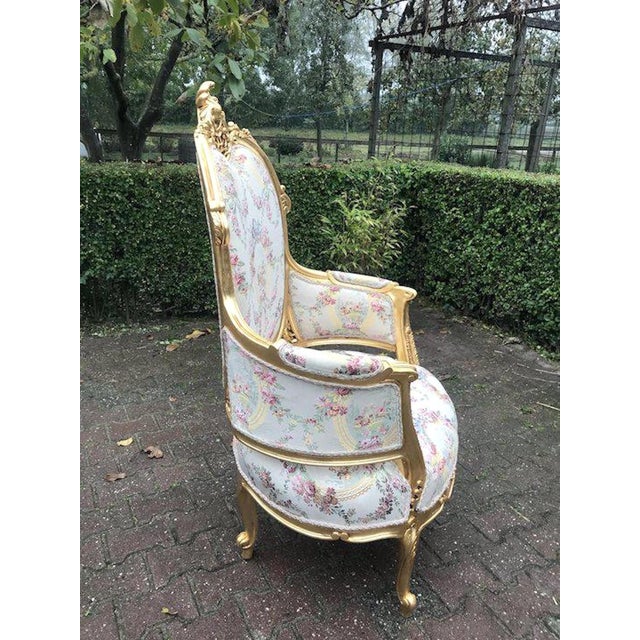 Late 20c French Louis XVI Gilt Beech Damask Bergère – 2 PCS For Sale - Image 6 of 12