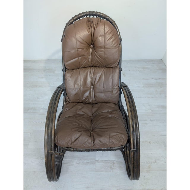 Italian Rattan and Leather Armchair, 1960s For Sale - Image 3 of 13