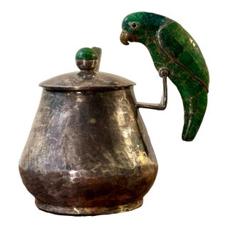 Vintage Los Castillo Silver Plate Parrot Sugar Dish, Malachite Stone For Sale