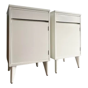 Glossy Alabaster White 1950s Lab Cabinet Nightstands, a Pair