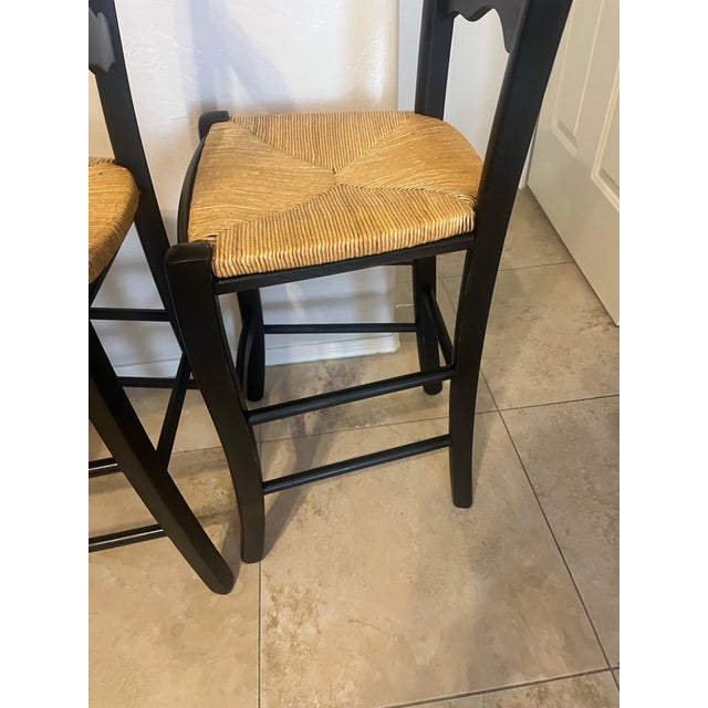 Black Mid 20th Century Country French Style Black Rush Seat Barstools- A Pair For Sale - Image 8 of 12