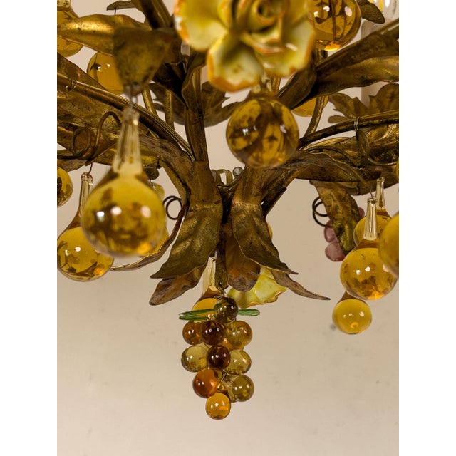 1950s Floral Chandelier in Gilded Iron with Ceramic Flowers and Murano Glass Pendants, Italy, 1960s For Sale - Image 5 of 13