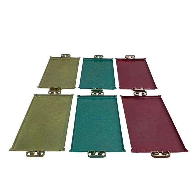 Mid Century Modern Moiré Glaze Kyes Enameled Mini Trays Set of 6 These are Mid Century Modern hammered and enameled metal...