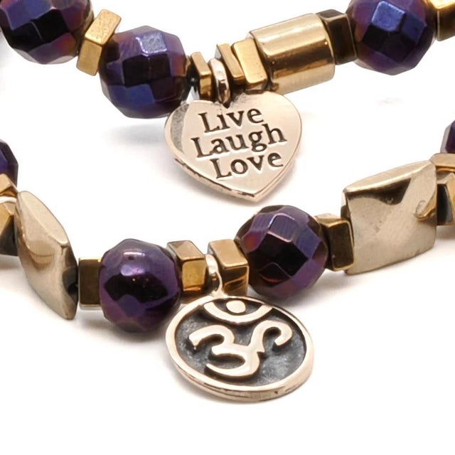 American Life Journey Purple & Gold Hematite Stone Beaded Bracelet Set For Sale - Image 3 of 7