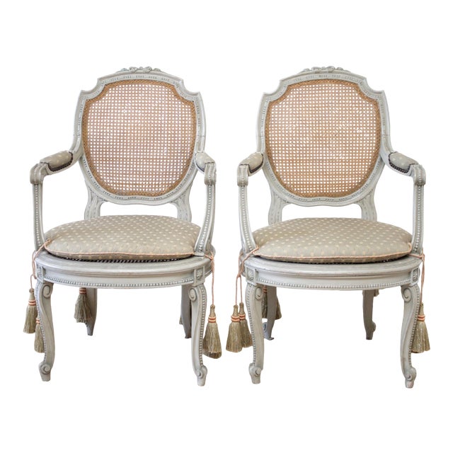 19th Century Painted Sheild Back Ribbon Carved Cane Open Armchairs For Sale