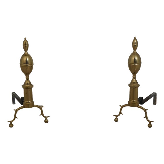 Pair Virginia Metalcrafters Colonial Style Brass Fireplace Andirons For Sale