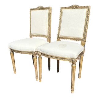 Pair of Mid-20th Century Louis XVI Style Giltwood Side Chairs With Cream Linen Upholstery For Sale