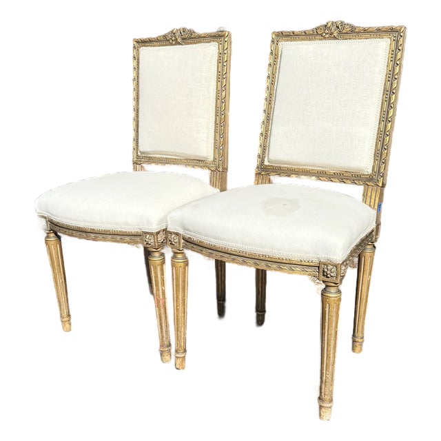 Pair of Mid-20th Century Louis XVI Style Giltwood Side Chairs With Cream Linen Upholstery For Sale