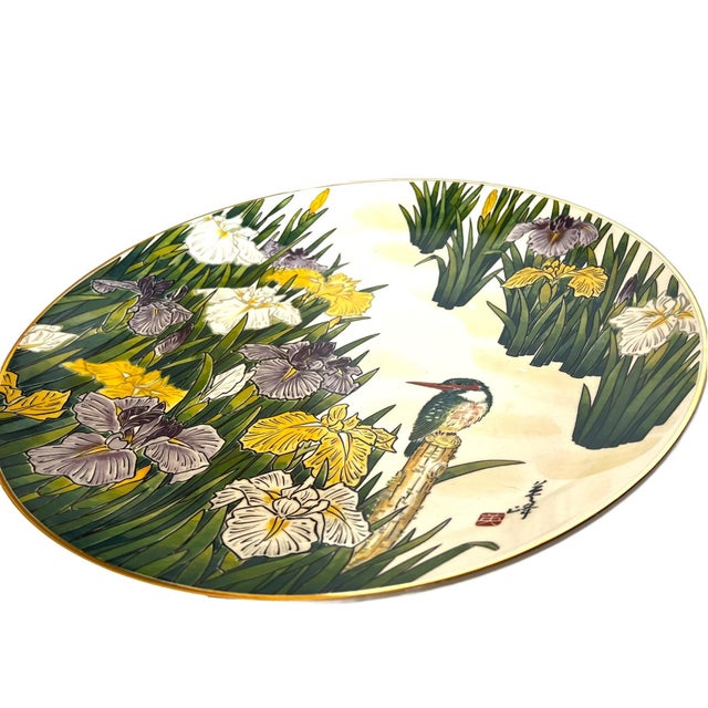 Ceramic Japanese Toyo Handpainted Decorative Plate Mid 20th Century With Irises and Kingfisher For Sale - Image 7 of 15