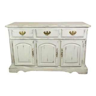 Vintage French Country Distressed White Sideboard Cabinet With Brass Hardware For Sale