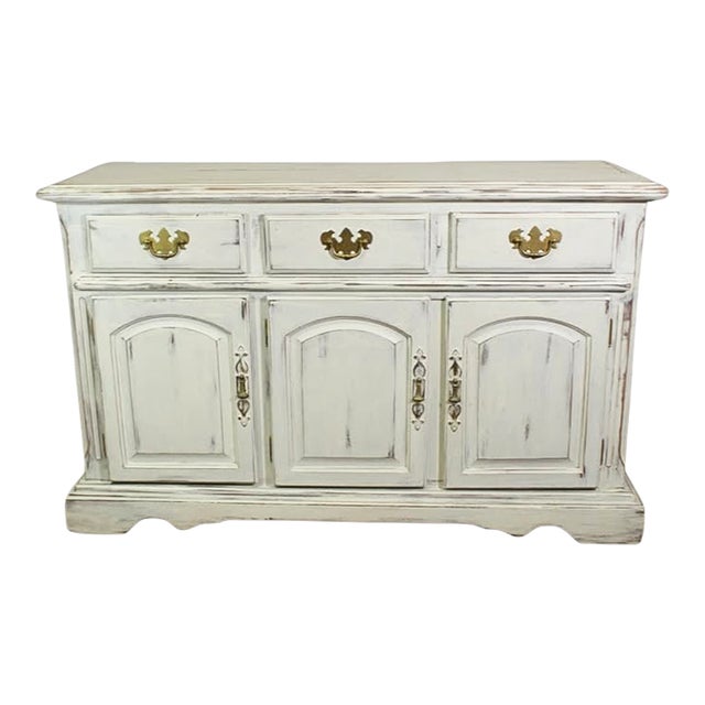 Vintage French Country Distressed White Sideboard Cabinet With Brass Hardware For Sale