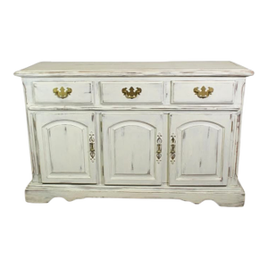 Vintage French Country Distressed White Sideboard Cabinet With Brass Hardware