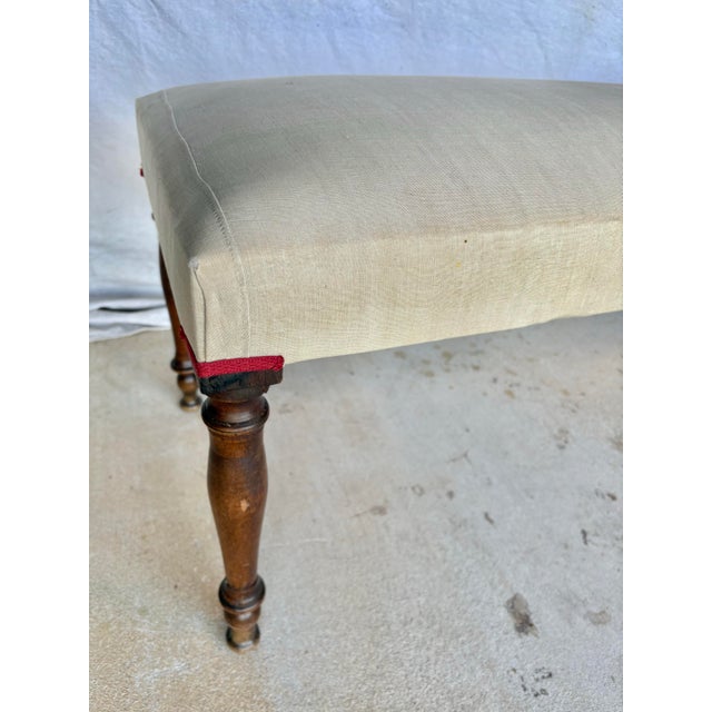 Early 20th Century French Walnut and Antique Linen Upholstered Bench For Sale - Image 12 of 12