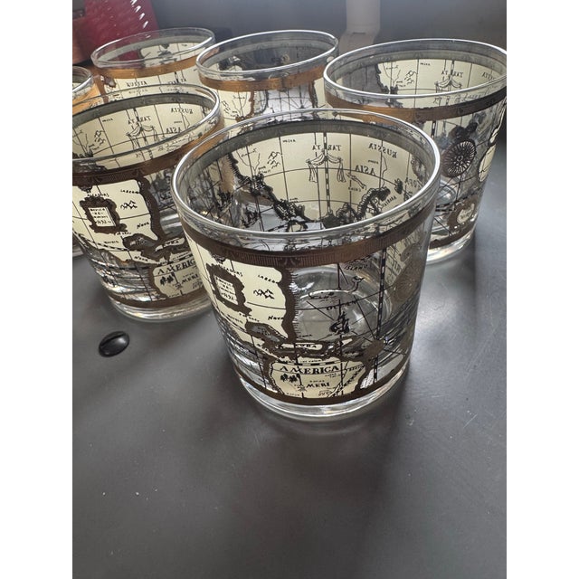 1960s Cera 22k Gold Old World Map Lowball Glasses - Set of 6 For Sale - Image 4 of 11