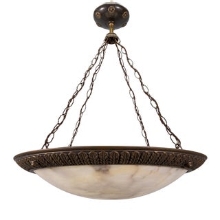 Large Art Deco Eight-Light Alabaster and Bronze Chandelier, 1920s For Sale