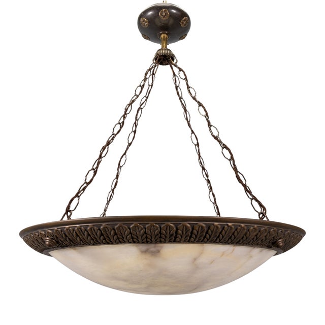 Large Art Deco Eight-Light Alabaster and Bronze Chandelier, 1920s For Sale