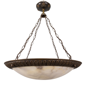 Large Art Deco Eight-Light Alabaster and Bronze Chandelier, 1920s