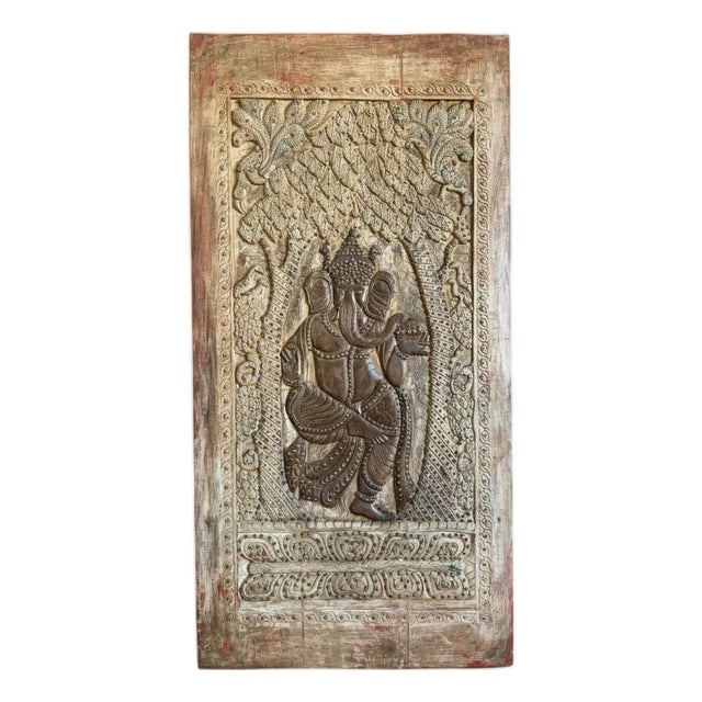 Vintage Dancing Ganesha Wall Art Door – Brass-Studded Custom Temple Barn Door Panel84 For Sale
