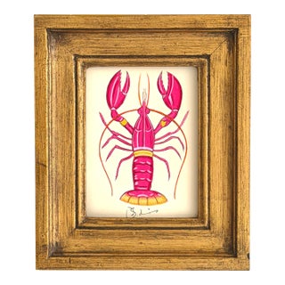 Original Hand-Painted Pink Lobster Paining in a Vintage Frame For Sale