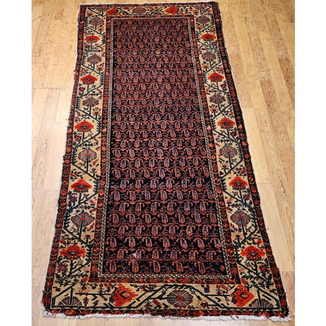 19th Century Persian Kurdish Gallery Rug, Hand-Knotted Wool, All-Over Paisley & Poppy Pattern, Navy & Ivory, 5x10 For Sale - Image 11 of 18