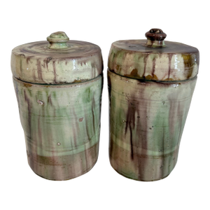 Pair of Terra Cotta Drip Glaze Jars With Lids