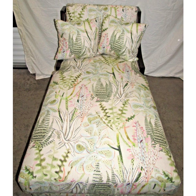 White Ballard Designs Chaise Lounge Dark Wood Frame Upholstered Freya Multi Botanical For Sale - Image 8 of 12