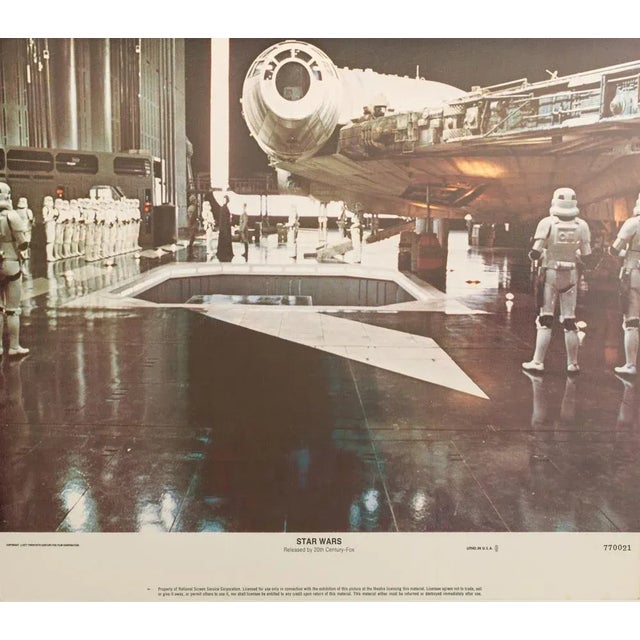 Original Vintage Star Wars Lobby Card with Darth Vader and the Millennium Falcon on the Death Star, 1977, Framed For Sale - Image 3 of 3