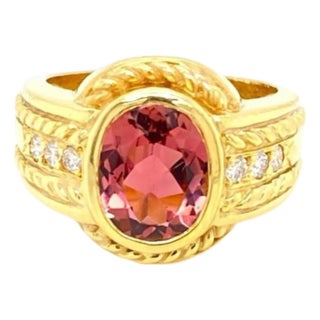 Mid 20th Century Judith Ripka Diamond Pink Tourmaline 18k Yellow Gold Ring - Size 6 For Sale