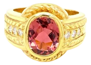 Mid 20th Century Judith Ripka Diamond Pink Tourmaline 18k Yellow Gold Ring - Size 6
