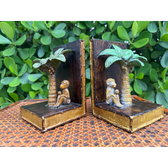 Late 20th Century Vintage Hand-Painted Monkey & Palm Tree Bookends, Pair For Sale - Image 5 of 12