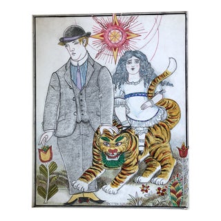 Vintage Folk Art Drawing, Girl on a Tiger For Sale