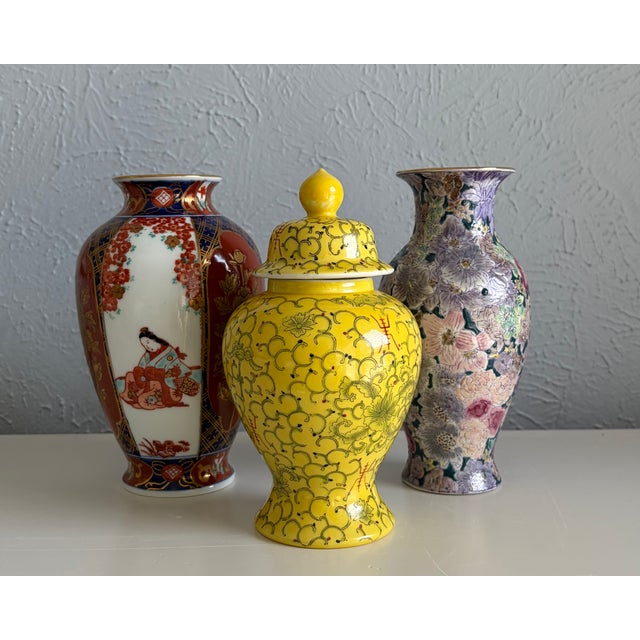 Set of Vintage Vases - Asian-Style Floral, Imari & Yellow Lidded Ginger Jar For Sale - Image 12 of 12